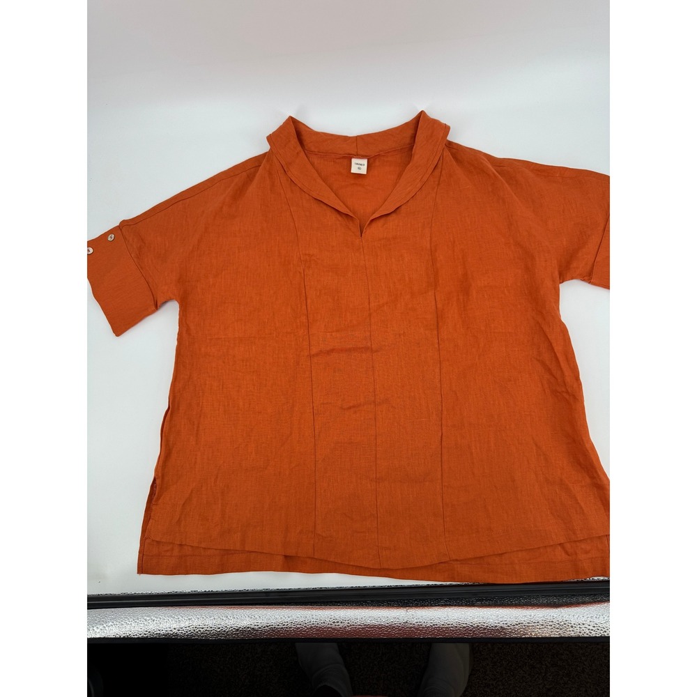 Lintico Linen Top Womens XL Burnt Orange Short Sleeve V-Neck Relaxed Boho Rust